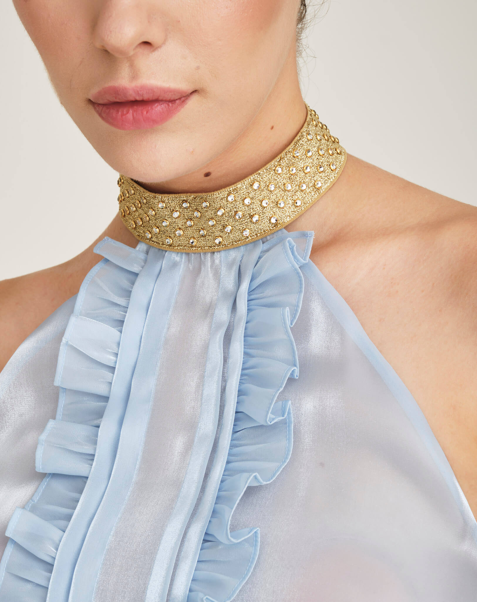 Miu Miu - Embellihed Halter Neck Ruffle Blue Satin Top IT42